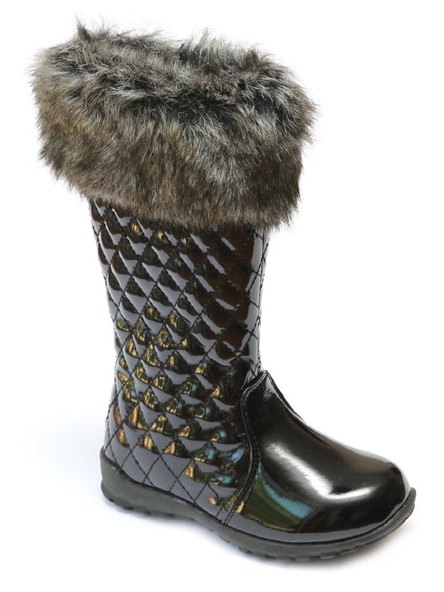 Lamour Girls Black Quilted Faux Fur Cuff Winter Boots 7 Toddler-11 Kids - SophiasStyle.com